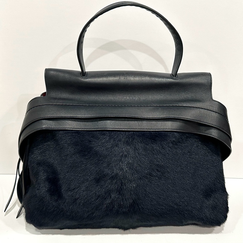 TODS Navy Leather Calf Fur Large Wave Handbag Purse